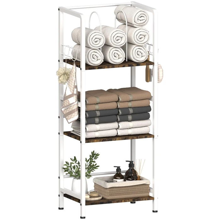 Mondazie Free Standing Towel Racks for Bathroom with U-Shaped Detachable Dividers, 3-Tier Floor Towels Holder Stand with Shelf & 8 S-Hooks, Metal Pool Towel Storage Organizer for Home, Poolside, White by Mondazie - Image 1