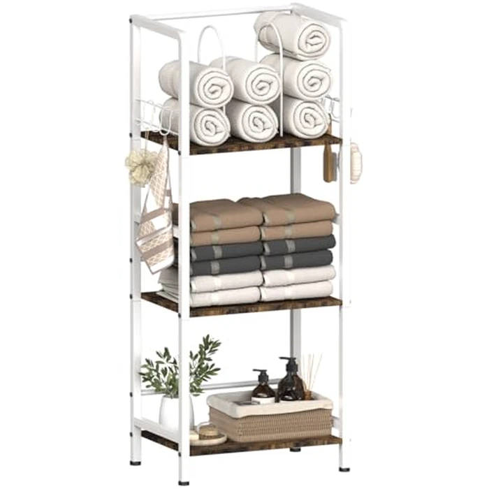 Mondazie Free Standing Towel Racks for Bathroom with U-Shaped Detachable Dividers, 3-Tier Floor Towels Holder Stand with Shelf & 8 S-Hooks, Metal Pool Towel Storage Organizer for Home, Poolside, White by Mondazie - Image 2