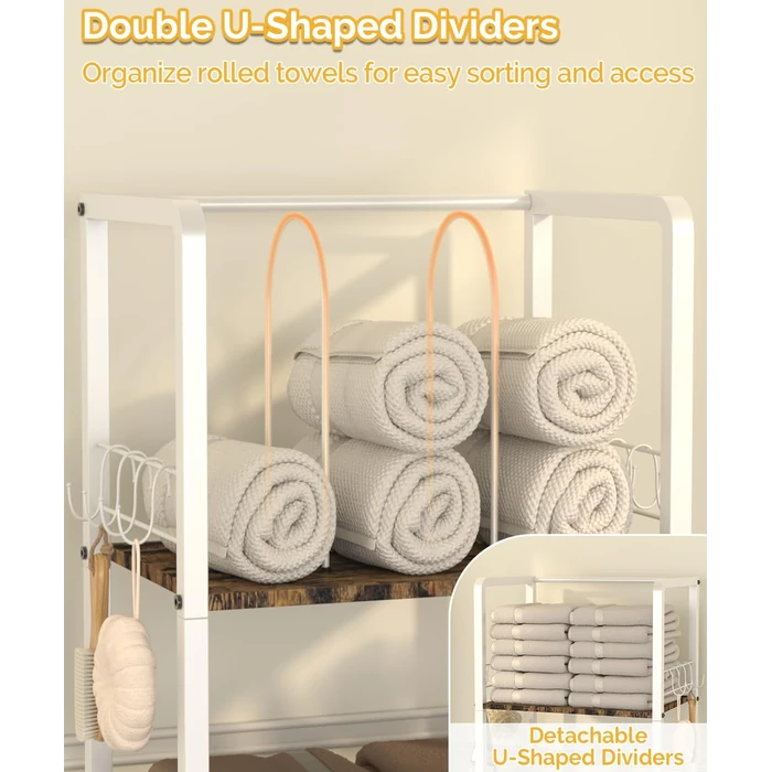 Mondazie Free Standing Towel Racks for Bathroom with U-Shaped Detachable Dividers, 3-Tier Floor Towels Holder Stand with Shelf & 8 S-Hooks, Metal Pool Towel Storage Organizer for Home, Poolside, White by Mondazie - Image 7