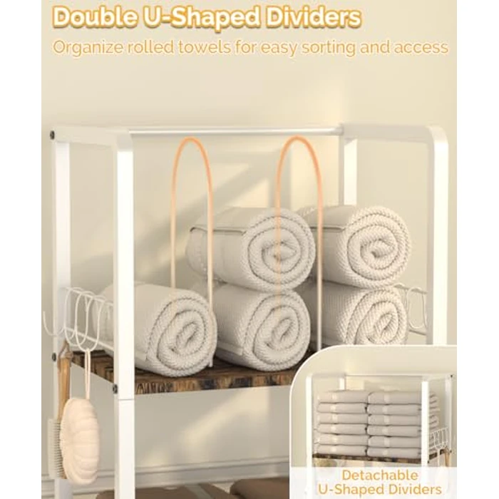 Mondazie Free Standing Towel Racks for Bathroom with U-Shaped Detachable Dividers, 3-Tier Floor Towels Holder Stand with Shelf & 8 S-Hooks, Metal Pool Towel Storage Organizer for Home, Poolside, White by Mondazie - Image 8
