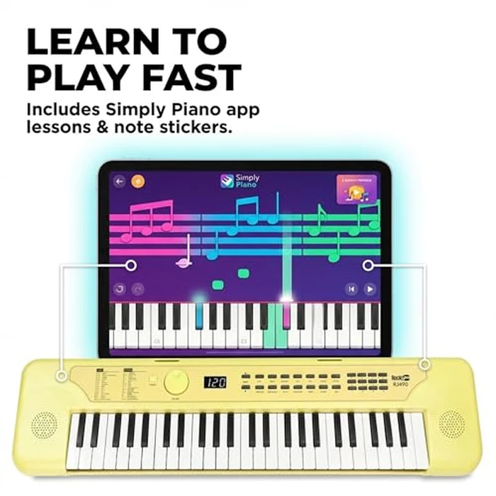 RockJam 49 Key Keyboard Piano, Portable Electronic Music Keyboard with Speakers, USB-C Power or Battery Operation, Headphone Input, 200 Tones, 200 Rhythms, Note Stickers & Lessons by RockJam - Image 5