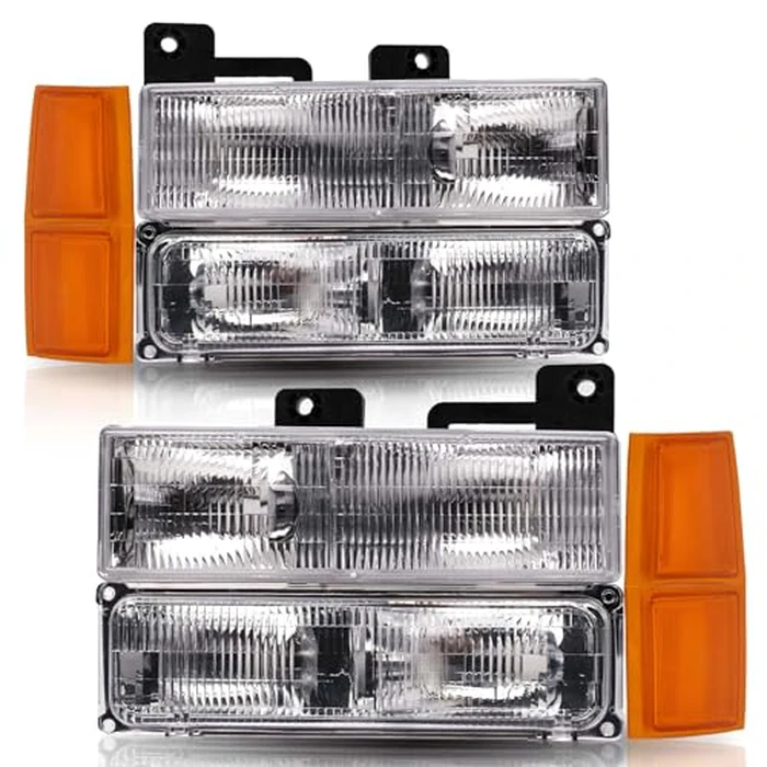 ISHARINGAUTOPARTS Headlights+Bumper Turn Signal Lamps+Amber Corner Side Marker Lights Compatible with 1994 1995 1996 1997 1998 1999 Chevy C/K Suburban 1500 2500 3500 Chrome Housing OE Style by ISHARINGAUTOPARTS - Used - Very Good condition - US$68.39