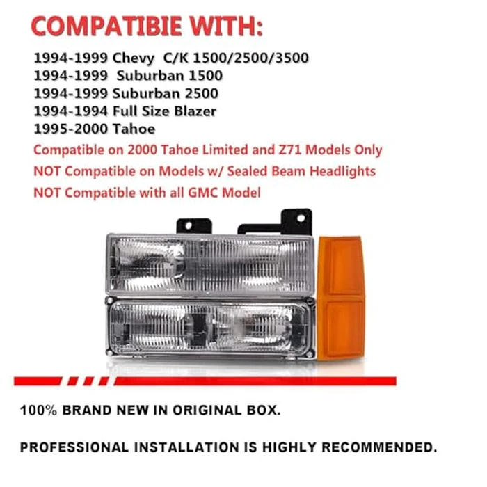 ISHARINGAUTOPARTS Headlights+Bumper Turn Signal Lamps+Amber Corner Side Marker Lights Compatible with 1994 1995 1996 1997 1998 1999 Chevy C/K Suburban 1500 2500 3500 Chrome Housing OE Style by ISHARINGAUTOPARTS - Image 2