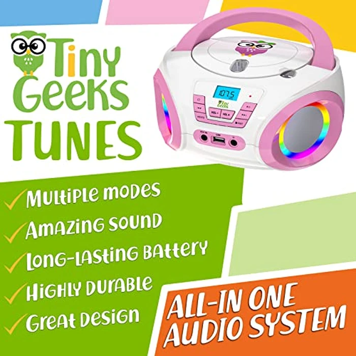 TinyGeeks Tunes Kids Boombox CD Player for Children - FM Radio - Includes Batteries - Purple Radio - CD Player with Speakers for Children and Toddlers - Pink by TinyGeeks - Image 2