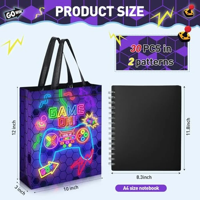 Sweetude 30 Pcs Video Game Gift Bag with Handle Game Party Supplies Reusable Gaming Non Goody Bag, 2 Styles (Neon) by Sweetude - Image 2