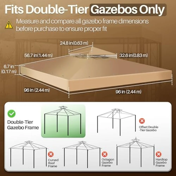 Flexzion Gazebo Cover Replacement Canopy Top 8x8 Ft (2.4m x 2.4m) - Double Tier Top Canopy Cover Replacement with UV30+, Dirt, Water Resistant for Outdoor, Sunshade, Garden, Patio, Pavilion by Flexzion - Image 4