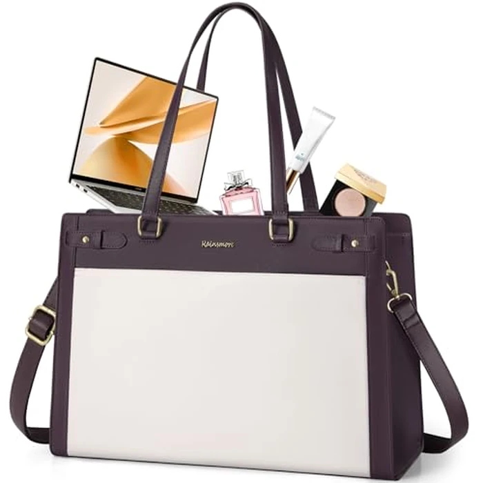 RAINSMORE Laptop Bags for Women 15.6 Inch PU Leather Work Tote Bag Waterproof Computer Bag Womens Briefcase Designer Satchel Bag for Office Teacher College Large Tote Purse Professional Purple & Beige by RAINSMORE - Image 1