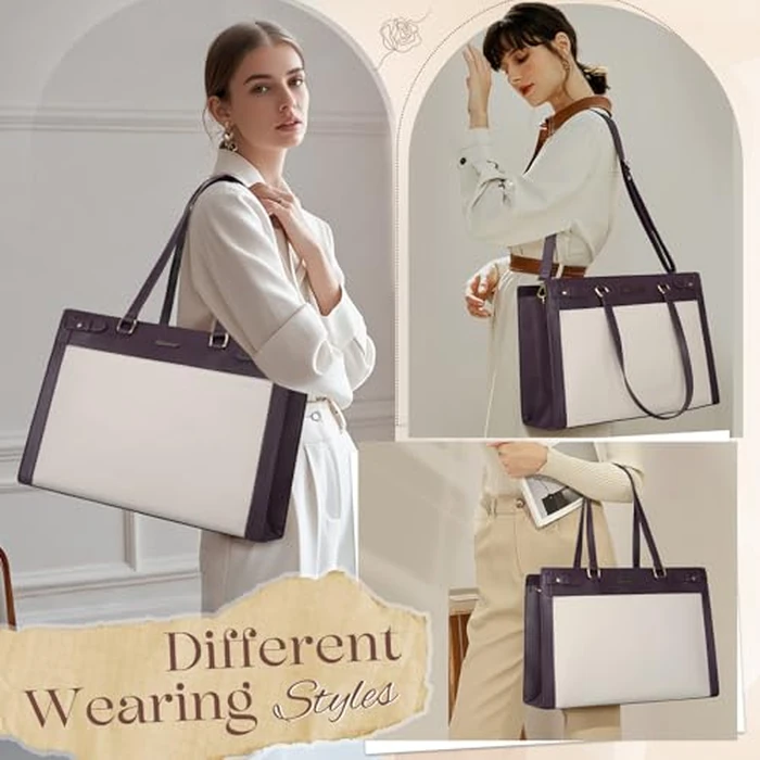 RAINSMORE Laptop Bags for Women 15.6 Inch PU Leather Work Tote Bag Waterproof Computer Bag Womens Briefcase Designer Satchel Bag for Office Teacher College Large Tote Purse Professional Purple & Beige by RAINSMORE - Image 2
