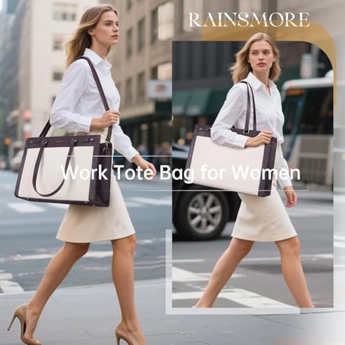 RAINSMORE Laptop Bags for Women 15.6 Inch PU Leather Work Tote Bag Waterproof Computer Bag Womens Briefcase Designer Satchel Bag for Office Teacher College Large Tote Purse Professional Purple & Beige by RAINSMORE - Image 3