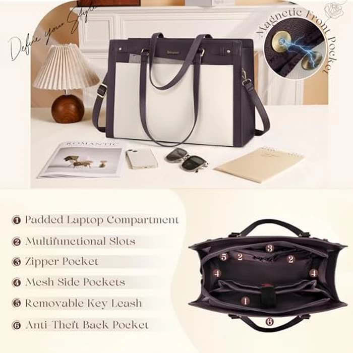 RAINSMORE Laptop Bags for Women 15.6 Inch PU Leather Work Tote Bag Waterproof Computer Bag Womens Briefcase Designer Satchel Bag for Office Teacher College Large Tote Purse Professional Purple & Beige by RAINSMORE - Image 4