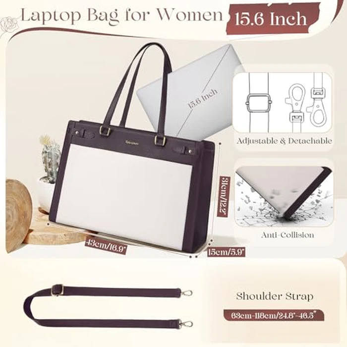 RAINSMORE Laptop Bags for Women 15.6 Inch PU Leather Work Tote Bag Waterproof Computer Bag Womens Briefcase Designer Satchel Bag for Office Teacher College Large Tote Purse Professional Purple & Beige by RAINSMORE - Image 5