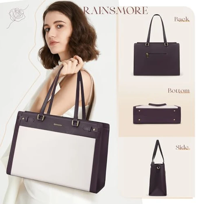RAINSMORE Laptop Bags for Women 15.6 Inch PU Leather Work Tote Bag Waterproof Computer Bag Womens Briefcase Designer Satchel Bag for Office Teacher College Large Tote Purse Professional Purple & Beige by RAINSMORE - Image 7