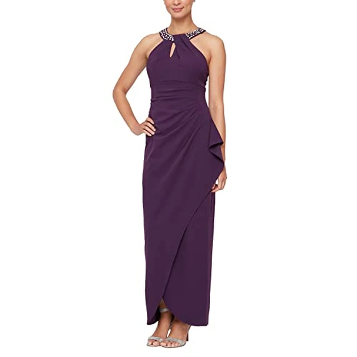 S.L. Fashions Women's Long Cocktail Dress with Embellished Halter Neckline, Wedding Guest, Party (Petite and Regular Sizes), Summer Plum, 10 by S.L. Fashions - Image 1