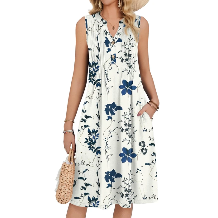 Zeagoo Women's Summer Sleeveless V Neck Pleated Midi Dresses Casual Loose Fitted Floral Tank Sundress with Pockets by Zeagoo - Used - Like New condition - US$18.82