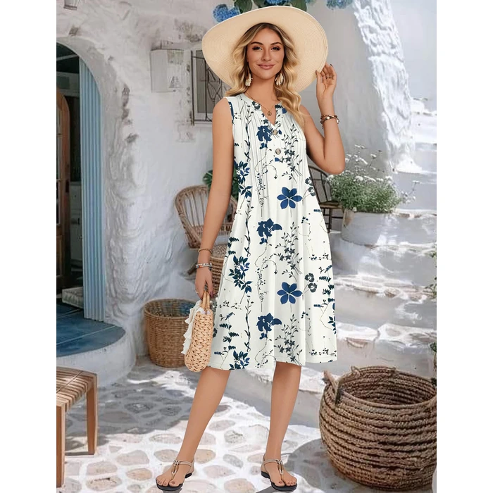 Zeagoo Women's Summer Sleeveless V Neck Pleated Midi Dresses Casual Loose Fitted Floral Tank Sundress with Pockets by Zeagoo - Image 2