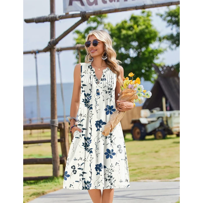 Zeagoo Women's Summer Sleeveless V Neck Pleated Midi Dresses Casual Loose Fitted Floral Tank Sundress with Pockets by Zeagoo - Image 3