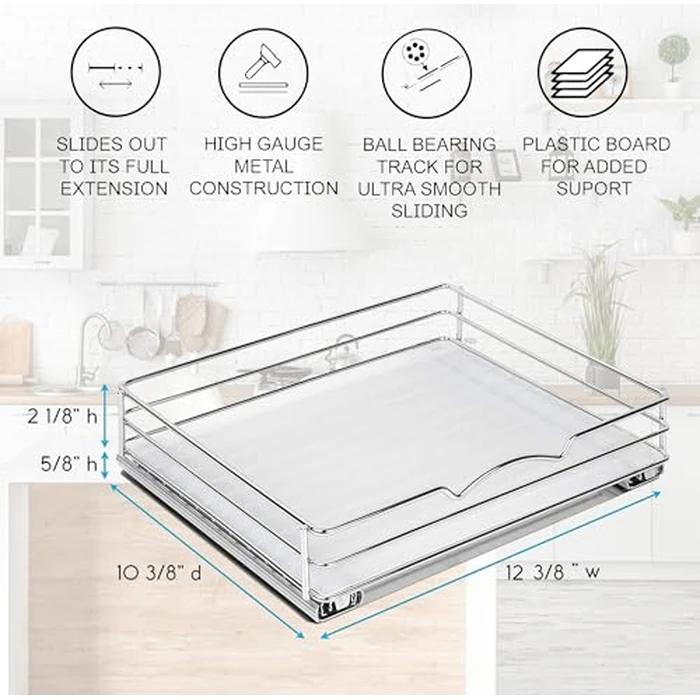 Pull-Out Cabinet Spice Rack Organizer - Slim Slide-Out Storage for Spices, Bottles & Jars, Premium Heavy-Duty Steel, Easy Install for Narrow Kitchen Cabinets - 12 ⅜ W x 10 ⅜ D x 2 ¾ H, Chrome by HOLDN’ STORAGE - Image 3