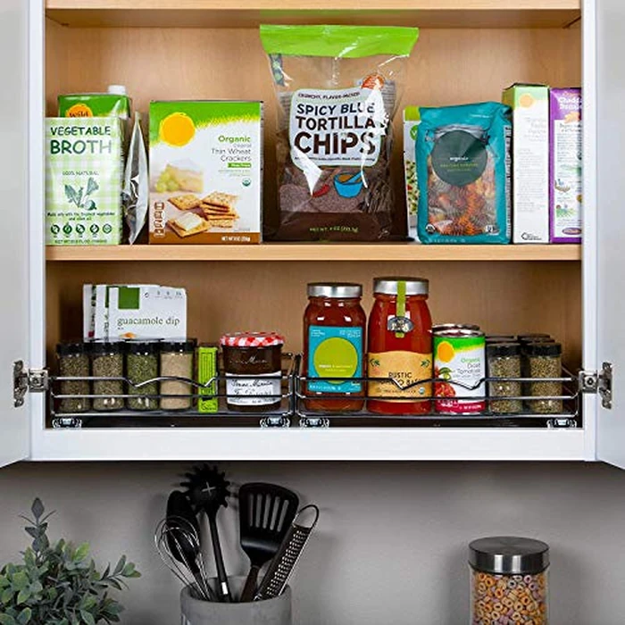 Pull-Out Cabinet Spice Rack Organizer - Slim Slide-Out Storage for Spices, Bottles & Jars, Premium Heavy-Duty Steel, Easy Install for Narrow Kitchen Cabinets - 12 ⅜ W x 10 ⅜ D x 2 ¾ H, Chrome by HOLDN’ STORAGE - Image 4