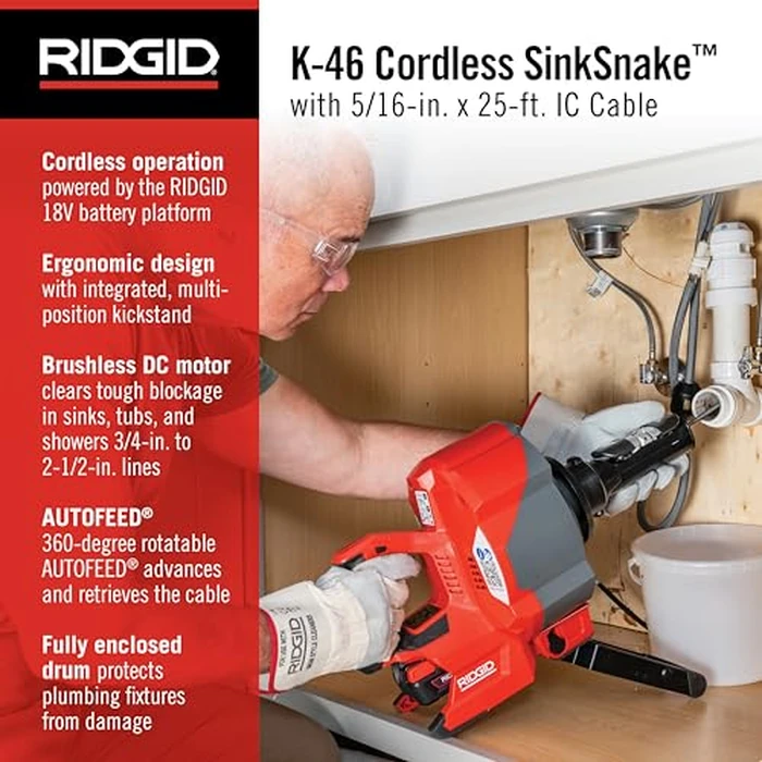 RIDGID 78048 K-46 SinkSnake Cordless Drain Snake with 5/16" x 25' IC Cable, Professional Plumbing Snake Drain Cleaner for Sinks, Tubs, Showers, and Urinals by RIDGID - Image 3