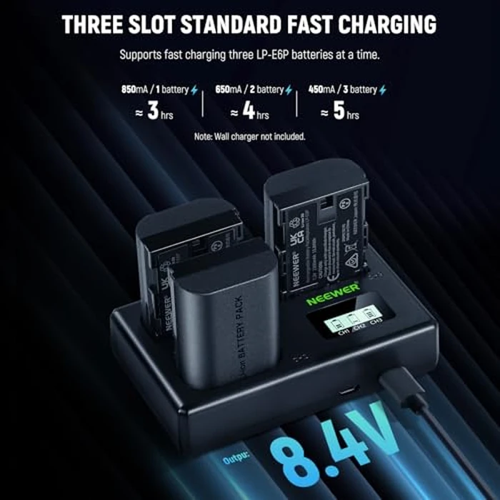 NEEWER Replacement Battery and Charger Set for LP-E6P/LP-E6NH/LP-E6N, 3 Pack 2200mAh Batteries and USB Triple Charger, Compatible with Canon EOS R5 Mark II R5 R6 R7 R 5DIV 6DII 7DII 60D 70D 80D 90D by NEEWER - Image 5