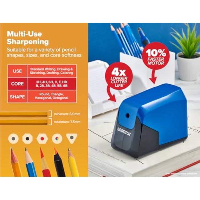Bostitch Office Battery Pencil Sharpener, 4X Longer Cutter Life, Tip Saver Technology, Blue by Bostitch - Image 2