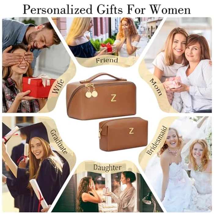 CLOUDWINGS Birthday Gifts for Women Teen Girl, Personalized Initial Makeup Organizer Bag Set, Open Flat Travel Cosmetic Bag With Clear Divider and Handle(Brown,Z) by CLOUDWINGS - Image 2