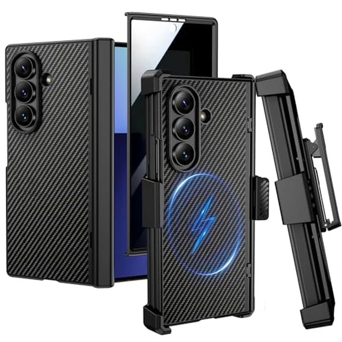 VEGO for Galaxy Z Fold 7 Case with Belt Clip Holster, Compatible with MagSafe, [Hinge Protection][Privacy Screen Protector] Magnetic Slim PU Leather Cover for Samsung Z Fold7 - Carbon Fiber Black by VEGO - Image 1