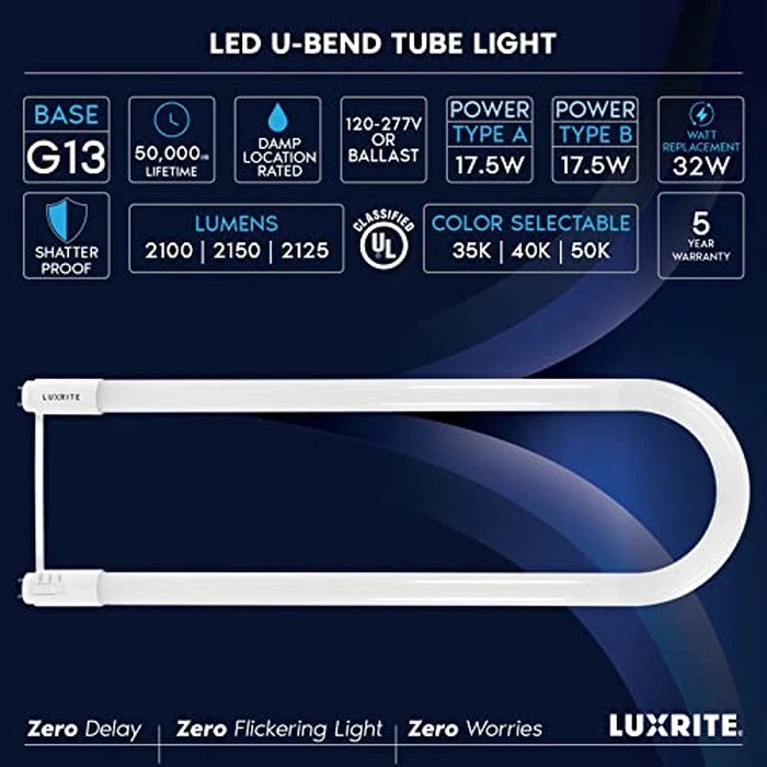 Luxrite U Bend LED Tube Light, T8 T12, 17.5W (32W Equivalent), 3 Colors 3500K | 4000K | 5000K, 2100 Lumens, Fluorescent Light Tube Replacement, Direct or Ballast Bypass, UL Certified, G13 Base, 6-Pack by LUXRITE - Image 7