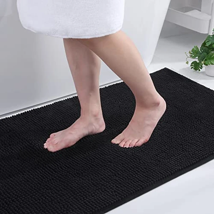Kitinjoy Non Slip Chenille Bath Mat, Extra Soft Bathroom Mat, Super Absorbent Fluffy Bath Mats for Bathroom, Machine-Washable Quick Dry Bath Rug Foot Mat, 20"x32", Black by Kitinjoy - Used - Like New condition