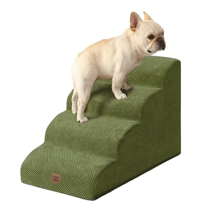 EHEYCIGA Curved Dog Stairs Ramp for High Beds 19.7" H, 4-Step Dog Steps for Small Dogs and Cats, Pet Stairs for High Bed Climbing, Non-Slip Balanced Pet Step Indoor, Olive Green by EHEYCIGA - Used - Very Good condition - US$41.37