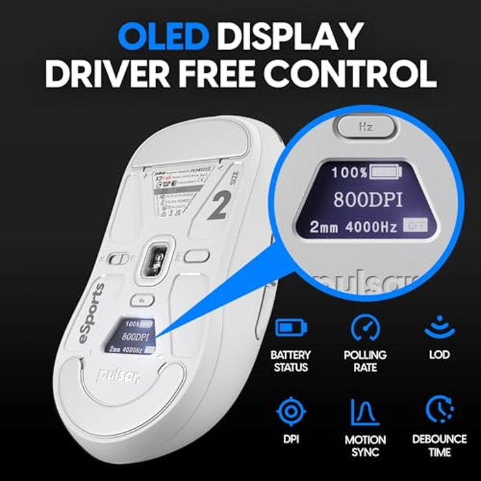 Pulsar Gaming Gears X2H ES Wireless Gaming Mouse - Lightweight 65g, Symmetrical Shape, OLED Display, 4K Dongle Included, 2.4 GHz, 4KHz/8KHz Polling Rate, PAW3395 26K DPI Sensor, White by Pulsar Gaming Gears - Image 4