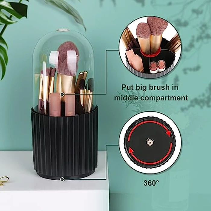 JessLab Makeup Brush Holder Organizer with Lid, 360 Degree Rotatable Spinning Cosmetics Holder Display for Bathroom Vanity Countertop, Black by JessLab - Image 4