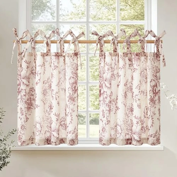 jinchan Floral Linen Tier Curtains 36 Inch Farmhouse Cafe Curtains Tie Top Botanic Drapes for Small Windows Over Sink for Kitchen Laundry Room Bathroom RV 2 Panels Red on Beige by jinchan - Used - Very Good condition - US$23.13