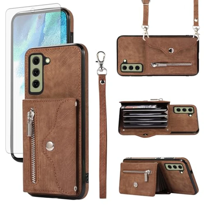 Phone Case for Samsung Galaxy S21 FE 5G Wallet Cover with Tempered Glass Screen Protector Wrist Crossbody Strap Lanyard Credit Card Holder Stand Leather Cell S 21 EF S21FE5G UW S21FE 21S G5 Brown by Asuwish - Image 1