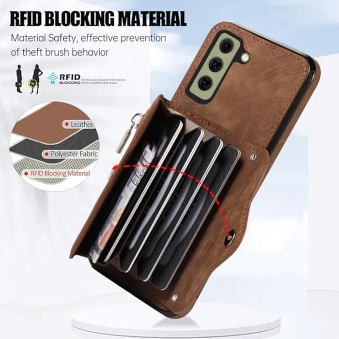 Phone Case for Samsung Galaxy S21 FE 5G Wallet Cover with Tempered Glass Screen Protector Wrist Crossbody Strap Lanyard Credit Card Holder Stand Leather Cell S 21 EF S21FE5G UW S21FE 21S G5 Brown by Asuwish - Image 3