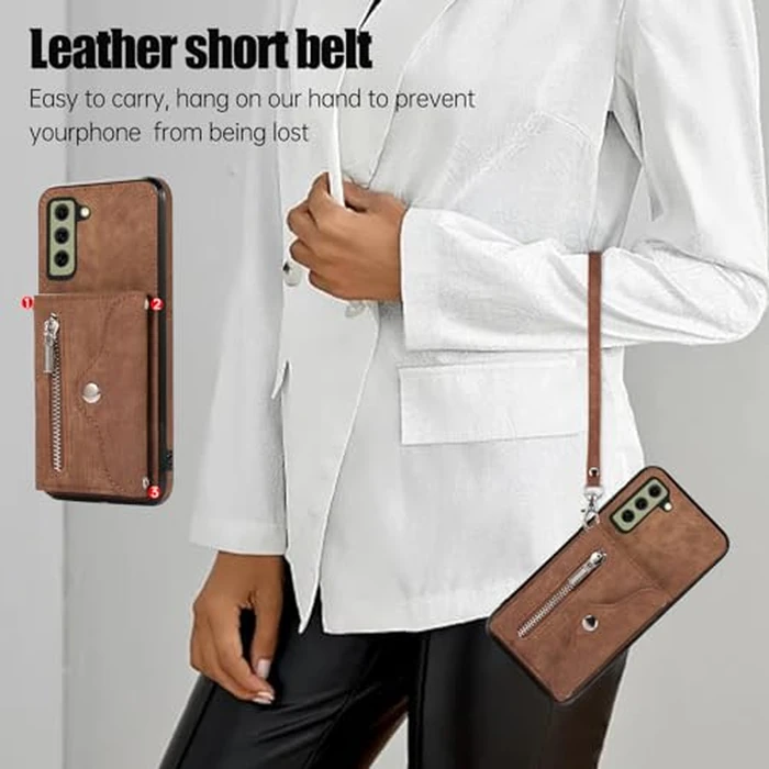 Phone Case for Samsung Galaxy S21 FE 5G Wallet Cover with Tempered Glass Screen Protector Wrist Crossbody Strap Lanyard Credit Card Holder Stand Leather Cell S 21 EF S21FE5G UW S21FE 21S G5 Brown by Asuwish - Image 5