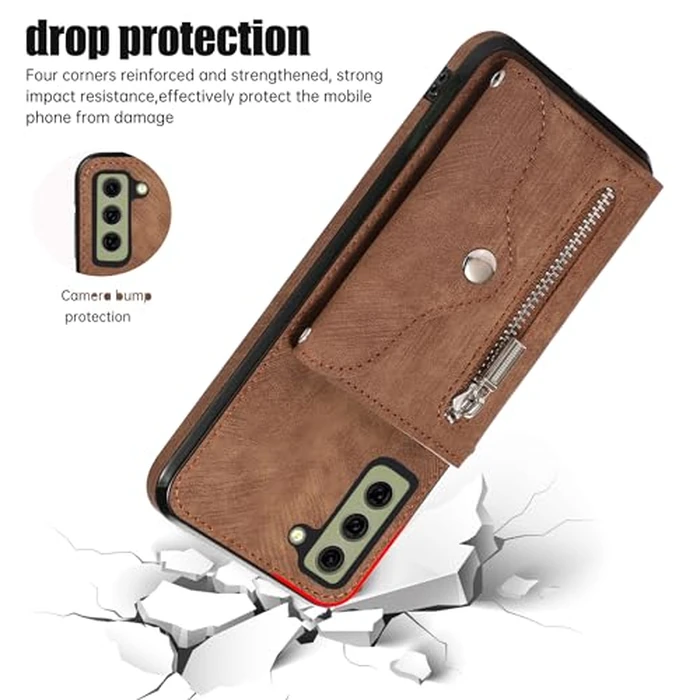 Phone Case for Samsung Galaxy S21 FE 5G Wallet Cover with Tempered Glass Screen Protector Wrist Crossbody Strap Lanyard Credit Card Holder Stand Leather Cell S 21 EF S21FE5G UW S21FE 21S G5 Brown by Asuwish - Image 6