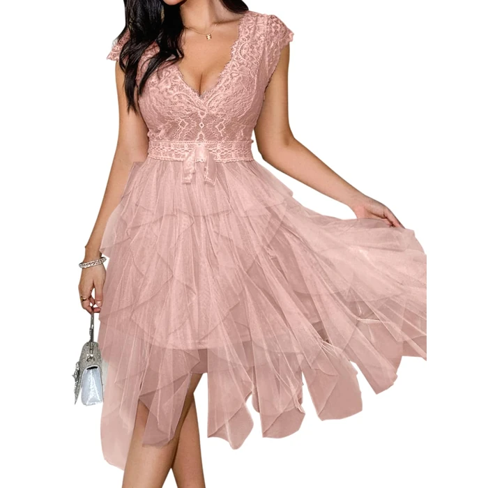 ShawGobow Lace Tulle Dress,Backless Deep V Short Formal Dresses for Women,Cocktail Party Wedding Guest Outfits Dusty Pink Medium by ShawGobow - Image 1