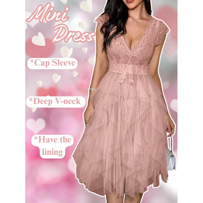 ShawGobow Lace Tulle Dress,Backless Deep V Short Formal Dresses for Women,Cocktail Party Wedding Guest Outfits Dusty Pink Medium by ShawGobow - Image 3