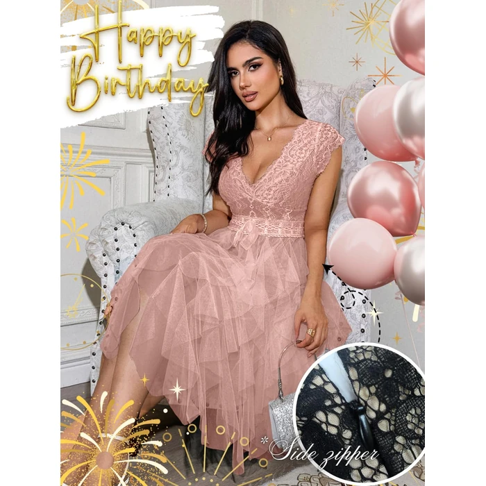 ShawGobow Lace Tulle Dress,Backless Deep V Short Formal Dresses for Women,Cocktail Party Wedding Guest Outfits Dusty Pink Medium by ShawGobow - Image 4