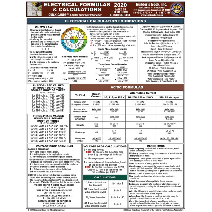Electrical Formulas & Calculations Quick-Card based on the 2020 NEC by Builder's Book, Inc. - Used - Good condition - US$2.71