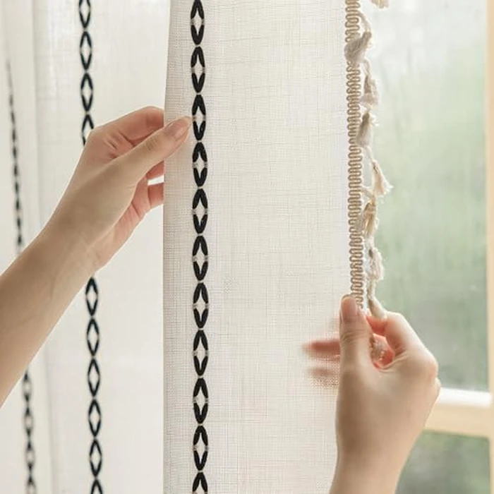 Boho Curtains with Tassel,Bohemian Curtains for Bedroom Living Room,Linen Semi Blackout Window Curtain Farmhouse Curtains Home Decor (White Curtain with Black Pattern, 52" W x 84" L 1 Panel) by Seasonwood - Used - Acceptable condition - CA$17.53
