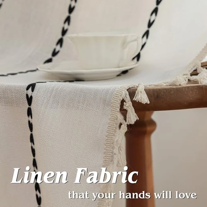 Boho Curtains with Tassel,Bohemian Curtains for Bedroom Living Room,Linen Semi Blackout Window Curtain Farmhouse Curtains Home Decor (White Curtain with Black Pattern, 52" W x 84" L 1 Panel) by Seasonwood - Image 2