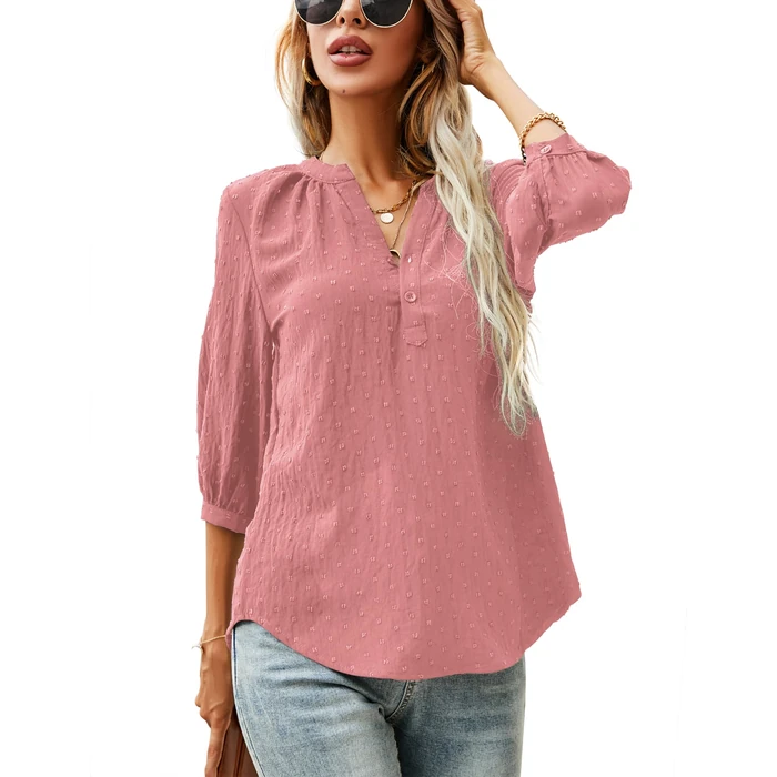 LOMON Tops for Women 2025 Dressy Casual 3/4 Sleeve Button Up Shirt Flowy Summer V Neck Chiffon Blouses (Rust Pink, XL) by LOMON - Used - Like New condition - US$24.79