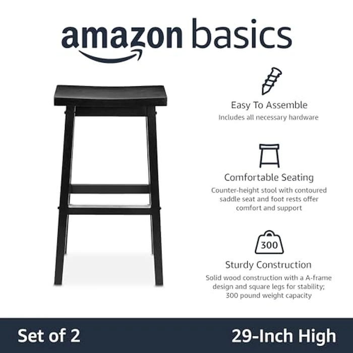 Amazon Basics Solid Wood Saddle-Seat Kitchen Island Counter Barstool, 73.66 cm Height, Black - Set of 2 by Amazon Basics - Image 2
