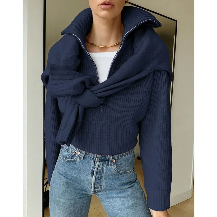 BTFBM Womens Sweaters Quarter Zip Pullover V Neck Collar Long Sleeve Ribbed Knit Loose Casual 2026 Winter Fall Sweater(Denim Blue, X-Large) by BTFBM - Used - Like New condition - US$38.66