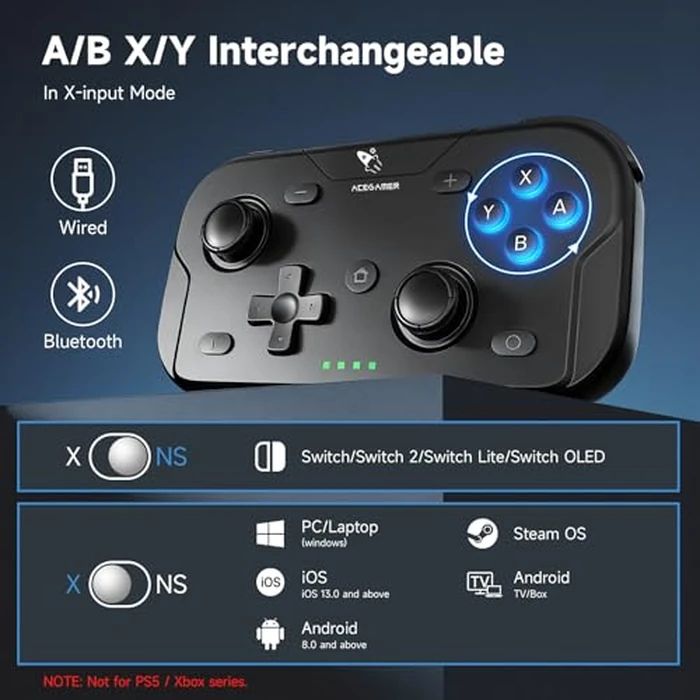AceGamer 2 Pack Wireless Pocket Controller for Nintendo Switch/Switch 2/Android/iOS/PC/Steamdeck, Joystick Lift and Down Design, Bluetooth Gamepad with 6-axis Gyroscope/Turbo/Vibration/ 1000Hz by AceGamer - Image 4