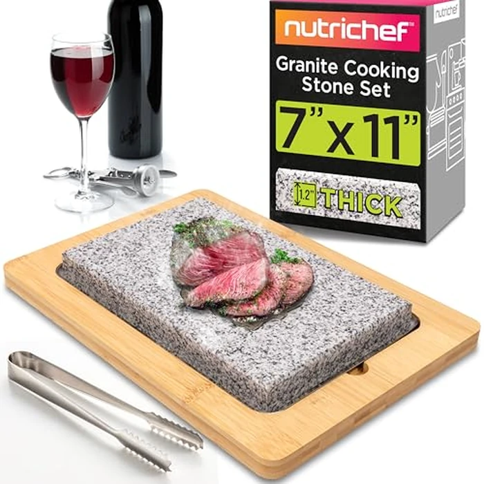 NutriChef Sizzle Hot Cooking Stone Grill with Bamboo Platter, Tabletop Granite Stone Grill with Non-Slip Handles, Adjustable Temperature Control, 550 degreesF Max Heat - Perfect for Meats and Vegetables by Nutrichef - Used - Good condition