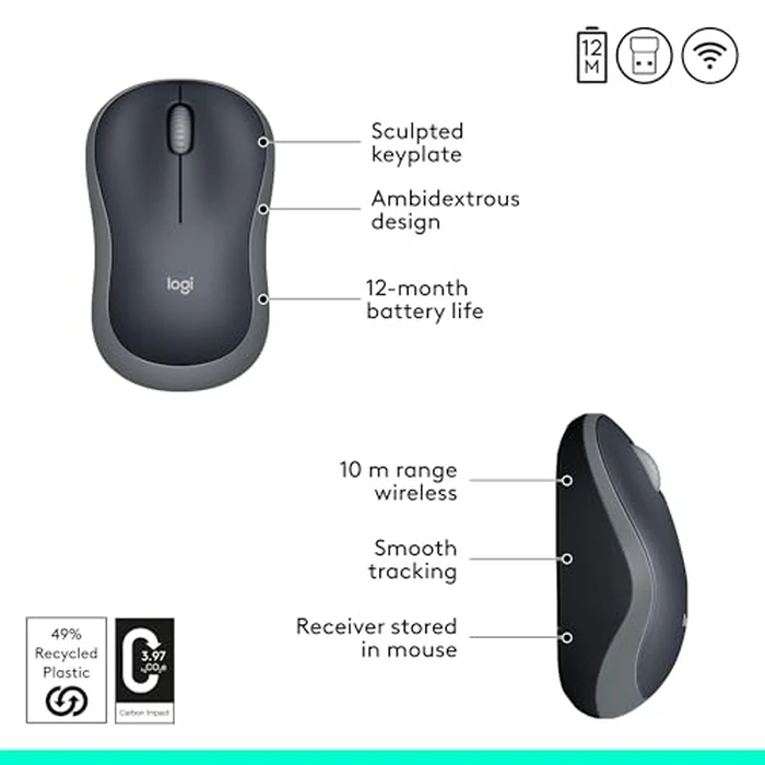 Logitech M185 Wireless Mouse, 2.4GHz with USB Mini Receiver, 12-Month Battery Life, 1000 DPI Optical Tracking, Ambidextrous PC/Mac/Laptop - Swift Grey by Logitech - Image 6