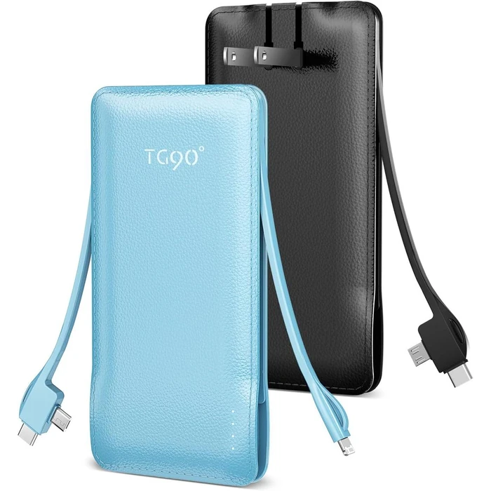 TG90 degrees A-Z53 10000mAh Power Bank with Built-in AC Wall Plug and Cables (2-Pack) - Black & Blue by TG90 degrees - Refurbished - Premium condition